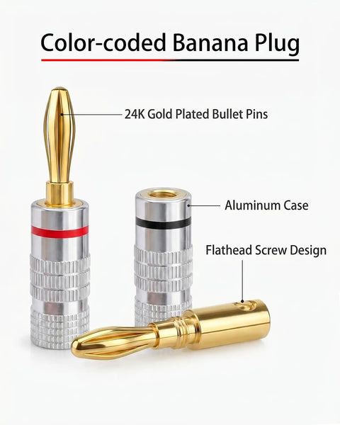 Pro Grade 24K Gold Plated Banana Plugs For 4MM Speaker Wire Connectors displayed with aluminum housing and flathead screw design.