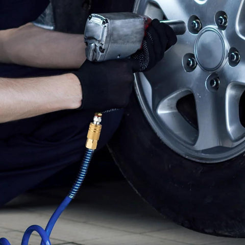 SANFU 3/8 high-flow air hose fittings, blue hose with brass connector beside a car wheel (side view).