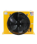 Front view of a yellow beefy industrial blower fan for air cooler and hydraulic cooling system 24V DC heavy duty low noise operation high airflow