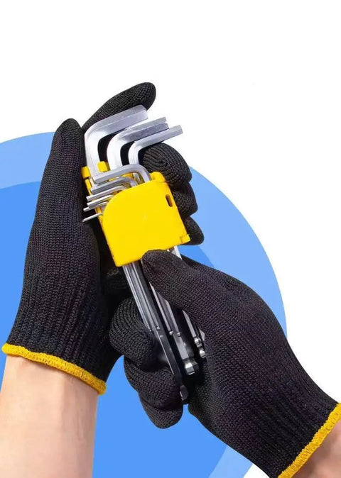 Daily Grind Gear Twelve Pair Pack Of Flexible Polyester Knit Work Gloves featuring black and yellow trim, holding tools.