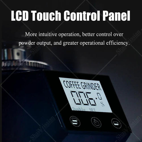 Premium 200 Watt Electric Flat Burr Coffee Grinder With 19 Adjustable Grinding Settings For Espresso Pour Over And Cold Brew Dope Flavor Extraction In A Sleek Black Housing Frame Ready To Roll LCD touch control panel.
