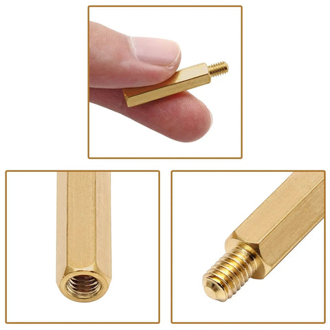 Genuine Solid Brass Hex Standoffs M4 X 25mm By 6mm Spacers With Male Female Threads 30 Piece Kit showing hand holding spacer.
