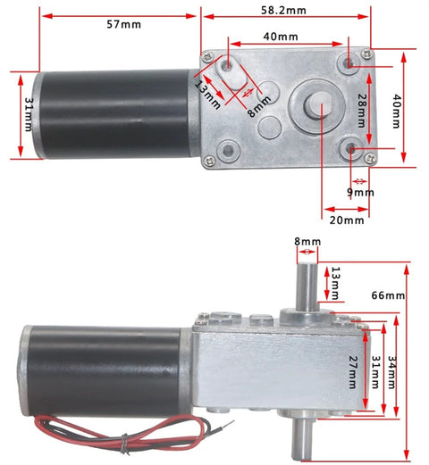 Front view of high-torque gear motor with double-output shafts, metal gearbox, 12V DC
