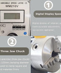 Precision Benchtop Metal And Wood Lathe Machine With 1100 Watt Brushless Motor Variable Speed Control features digital speed display and three-jaw chuck.