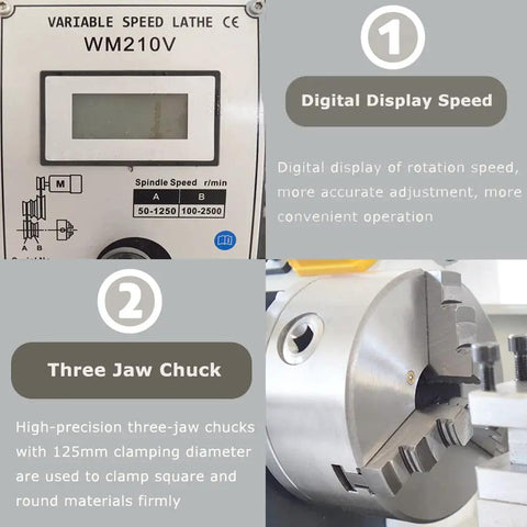 Precision Benchtop Metal And Wood Lathe Machine With 1100 Watt Brushless Motor Variable Speed Control features digital speed display and three-jaw chuck.