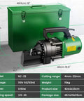Heavy Duty Anbull 1350W Electric Hydraulic Rebar Cutter with green casing and dimensions, suited for cutting steel rods on job sites.