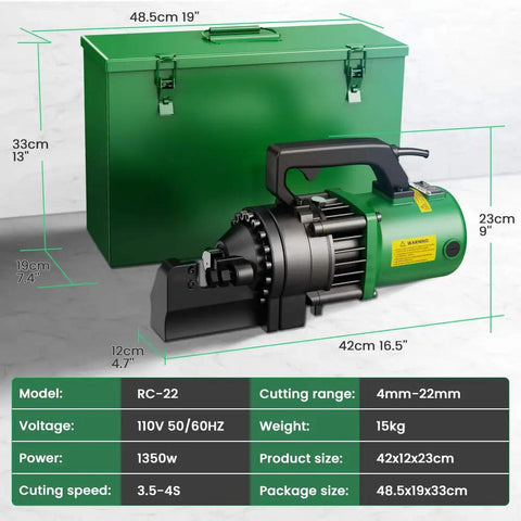 Heavy Duty Anbull 1350W Electric Hydraulic Rebar Cutter with green casing and dimensions, suited for cutting steel rods on job sites.