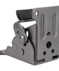 Eight Pack 0 To 90 Degree Folding Hinges Built Tight For Smooth Home Improvements Beefy Self Locking Steel Brackets Handling 500 Pounds Without Any Hassle Comes With All Hardware, close-up of metal hinge with black rubber detail.