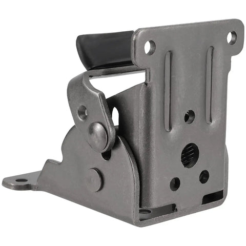 Eight Pack 0 To 90 Degree Folding Hinges Built Tight For Smooth Home Improvements Beefy Self Locking Steel Brackets Handling 500 Pounds Without Any Hassle Comes With All Hardware, close-up of metal hinge with black rubber detail.
