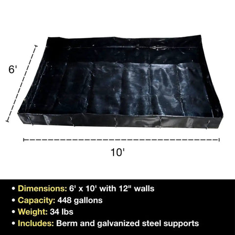 MightyBerm Fuel Spill Containment Berm, 6 Foot By 10 Foot Large With 12 Inch Walls, 448 Gallon Capacity, black, shown unfolded