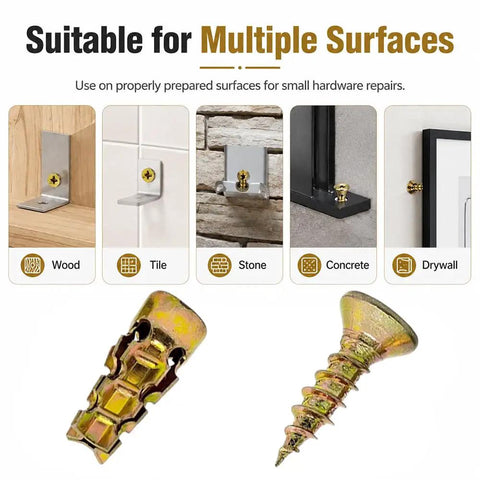 6x14mm Expansion Anchors For Wood And Cabinet Hinge Screws For Stripped Screw Hole Repair No Drill Needed shown suitable for wood, tile, stone
