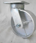 Close-up of Heavy Duty Swivel Casters Kingpinless Semi Steel Wheels Six Inch By Two Inch 1200 Pound Capacity per wheel for tool carts.