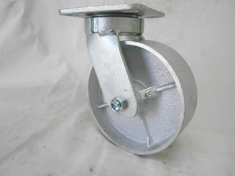 Close-up of Heavy Duty Swivel Casters Kingpinless Semi Steel Wheels Six Inch By Two Inch 1200 Pound Capacity per wheel for tool carts.