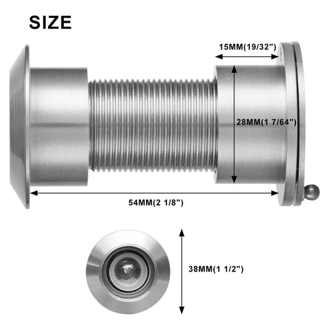 Solid Brass Door Peephole Viewer With 220 Degree HD Lens, Satin Nickel Finish, side and front view showing dimensions and details.