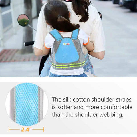 Kid Motorcycle Safety Harness With Reflective Strip And 4 In 1 Buckle For Front Or Back Ride No Fuss Breathable Material Adjustable Straps Night Visibility Secure Fit For Parents Who Want Easy Everyday Motorcycle Rides Blue showing child safety with reflective strip and silk cotton shoulder straps.