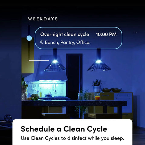 Smart LED Light Bulb 2 Pack With Wi Fi Full Color RGBW 1100 Lumens Antibacterial HEV Mode Dimmable Via App Or Voice No Bridge Required Works With Alexa Google HomeKit Siri 75W Equivalent showcasing overnight clean cycle schedule in kitchen setting.
