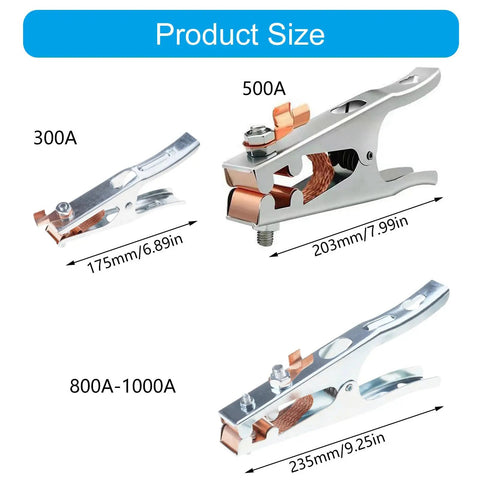 Heavy Duty Grounding Clamp For Welders With Ergonomic Handle And Secure Grip Perfect For Stick TIG MIG Arc Projects On Metalworking Tools product sizes displayed.