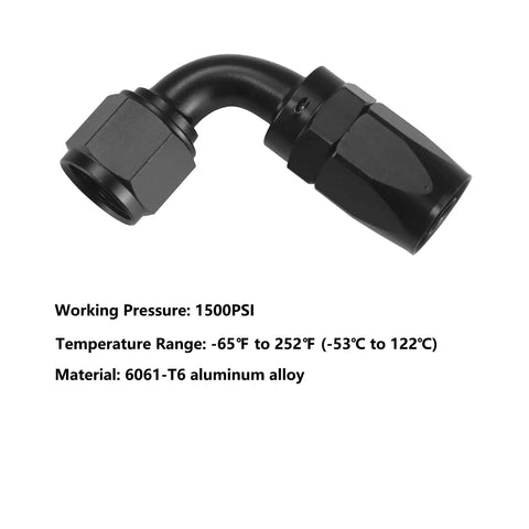 6AN 90 Degree Swivel Hose End Fittings for CPE Fuel Hose with 9/16-18 UNF Threads, Made From 6061-T6 Aluminum, Handles Up To 1500 PSI, Wide Temperature Range -65F To 252F, Compatible With Nylon Braided Lines, Two Pack for Quick Upgrades black 90-degree fitting