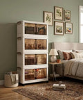 Big League Stackable Storage Bins with Secure Lids, 4-Tier Collapsible Plastic Cabinet on Easy Gliding Wheels in bedroom.