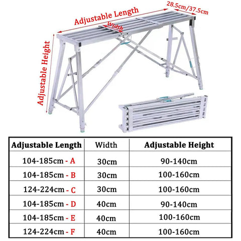 Foldable Scaffold Platform With Adjustable Height And Length, Heavy Duty Work Tower for home repair with dimensions and adjustable features.