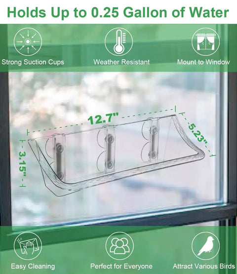 Window Mounted Bird Bath With Three Extra Twin Suction Cups, Clear Glass Bird Feeder Bath For Outside Viewing, Transparent Bird Bath For Cats, Kids And Elderly, Easy Window Mount, 1 Pack