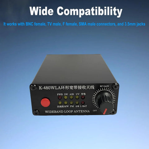Front view of Grab And Go Portable Active Loop Antenna for shortwave radios, featuring frequency knobs and indicators.