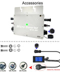 Rock Solid Six Hundred Watt Solar Grid Tie Micro Inverter With Peak MPPT Tracking, AC data monitor and connectors.