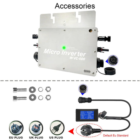 Rock Solid Six Hundred Watt Solar Grid Tie Micro Inverter With Peak MPPT Tracking, AC data monitor and connectors.