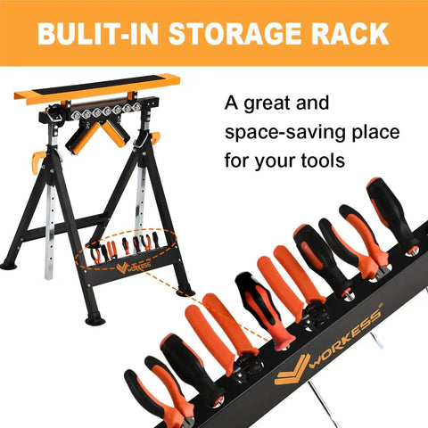 4 In 1 Work Center Roller Stand With 440 Lbs Capacity, Saw Horses, V Shaped And Multi Directional Rollers, folding design, built-in storage rack