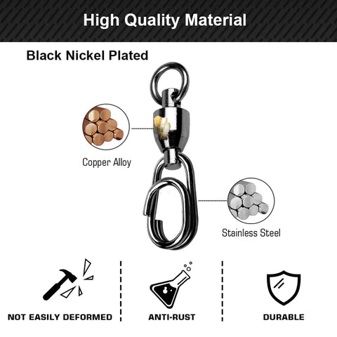 Heavy Duty Snap Swivels For Saltwater And Freshwater Fishing With Ball Bearing Action, Stainless Steel Construction, Split Rings, Nickel Finish, 25 Pack, 30 Lb Load, Smooth Rotations, Durable, Tangle Free black nickel plated swivel