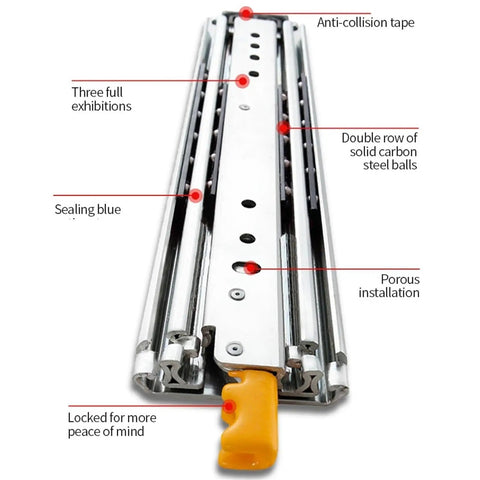 Top Shelf Full Extension Side Mount Drawer Slides With Lock Rock Solid Cold Rolled Steel Furniture Tracks detail view with installation features.