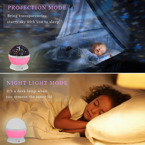 Pink Star Projector Night Light For Kids Room Decor With A Cozy Dreamy Vibe For Girls Ages 3 4 5 6 7 8 9 10 Projects Up To 15 Feet Creating A Soft Eye Safe Starry Sky At Bedtime That Makes Bedtime A Little More Magical Gift Idea in two modes showing a baby and a child sleeping under projected stars.