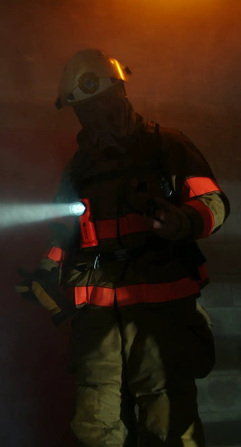 Firefighter using Beefy Survivor 90513 175 Lumen Rechargeable Firefighter Right Angle Flashlight With AC DC Charging Intrinsically Safe