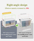 Side-by-side comparison of 48QT and 53QT storage bins, showing dimensions and storage capacity for organization.