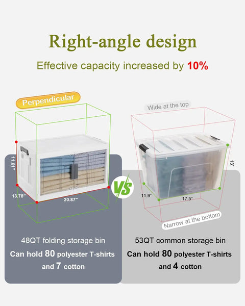 Side-by-side comparison of 48QT and 53QT storage bins, showing dimensions and storage capacity for organization.