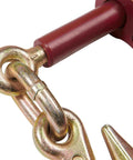 Close-up of gold plated hooks from Four Pack Heavy Duty Ratchet Load Binder With Grab Hooks For Flatbed Truck Hauling 12,000 Lbs Working Load Limit 3/8 To 1/2 Inch Chain Open Body Design For Debris Removal Rust Resistant Gold Plated Hooks.