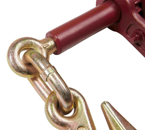 Close-up of gold plated hooks from Four Pack Heavy Duty Ratchet Load Binder With Grab Hooks For Flatbed Truck Hauling 12,000 Lbs Working Load Limit 3/8 To 1/2 Inch Chain Open Body Design For Debris Removal Rust Resistant Gold Plated Hooks.