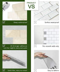 Comparison of Thick Peel And Stick Backsplash Tiles in beige marble look highlighting waterproof, adhesive strength, and ease of install.