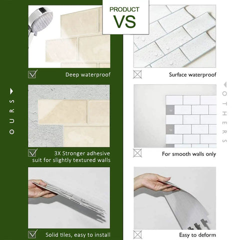 Comparison of Thick Peel And Stick Backsplash Tiles in beige marble look highlighting waterproof, adhesive strength, and ease of install.