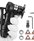 Side view: mini pneumatic chamfering tool, black handheld air beveler with spare bearings, wrenches, and carbide tips.