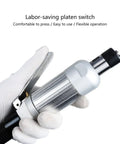 Shop Ready 1 4 Inch Pneumatic Angle Grinder with labor-saving platen switch in a gloved hand for easy operation.