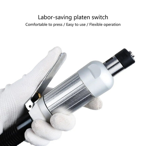 Shop Ready 1 4 Inch Pneumatic Angle Grinder with labor-saving platen switch in a gloved hand for easy operation.