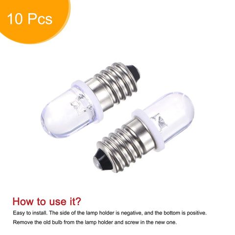 Tough As Nails E10 Screw Base LED Bulbs With Crisp White Glow DC 4.5V 0.25W Miniature Lamps easy swap in 10 pack shown.