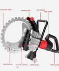 Heavy Duty 220V Electric Concrete Circular Saw With Integrated Water Pump 8900W High Precision Ring Cutter At 3000 Rpm labeled parts including blade, handles.