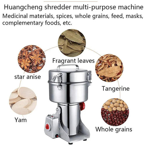 Fully Automatic 2000G Electric Grain Mill Grinder Swing Type Pulverizer with ingredients including spices, herbs, and grains