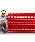 Top Shelf Stackable Storage Bins And Tool Organizer For Garage Or Shop Hardware Parts Tote Red Eighty Piece Set with crates stacked in workshop.