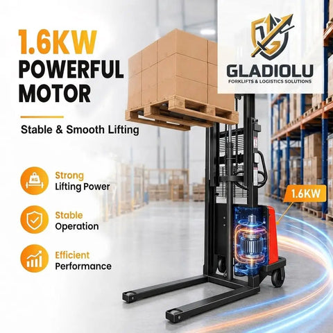 Image of Heavy Duty Semi Electric Pallet Stacker With 3300 Lbs Capacity And 94 Inch Lift Height featuring 1.6KW motor and boxes lifted.
