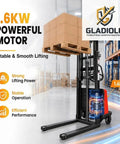 3300 Lbs Semi Electric Pallet Stacker Walkie Model With 94 Inch Max Lift Powered By 48V Battery Built Tough For No Sweat Heavy Lifting And Smooth Warehouse Ops with boxes on pallet in a warehouse.
