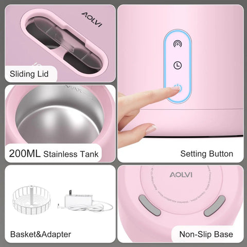 Ultrasonic Retainer Cleaner For Dentures And Mouth Guards, IPX6 Waterproof, 3 Cleaning Modes With RGB Indicator, 45kHz Ultrasonic Power, UV Light Sterilization, 200ml Tank, Easy Fill Pink, sliding lid, stainless tank