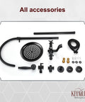 Components of Oil Rubbed Bronze Exposed Pipe Shower System with 8 Inch Rainfall Round Head, Wall Mount Mixer, Accessories.